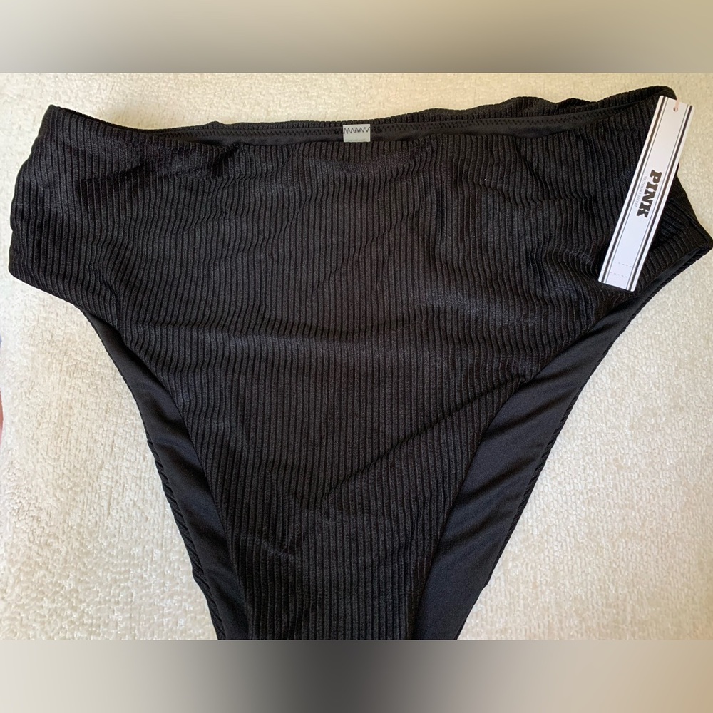 Pink brand/ Black Ribbed textured High-Waist Bikini Bottom